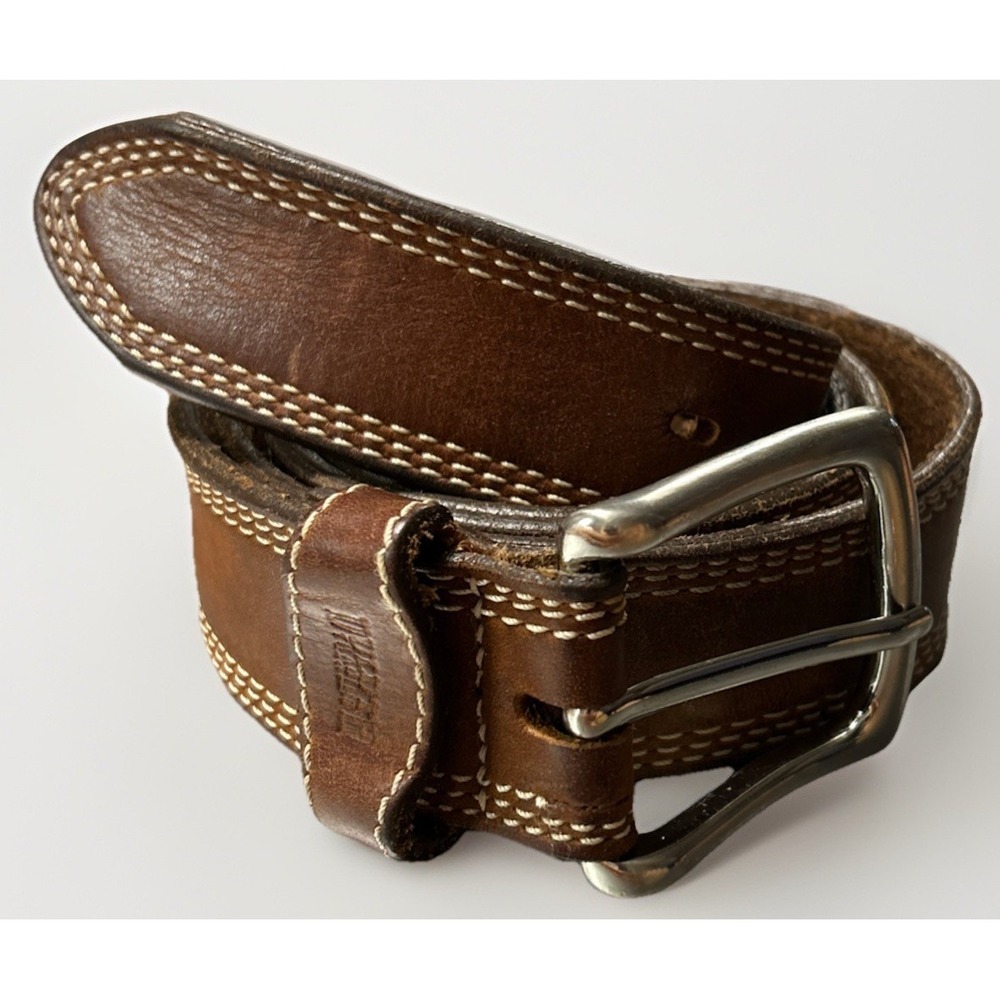 Duluth Trading CO Mens Belt Sz 42 Brown Leather Stiched Silver Buckle 1 1/4"